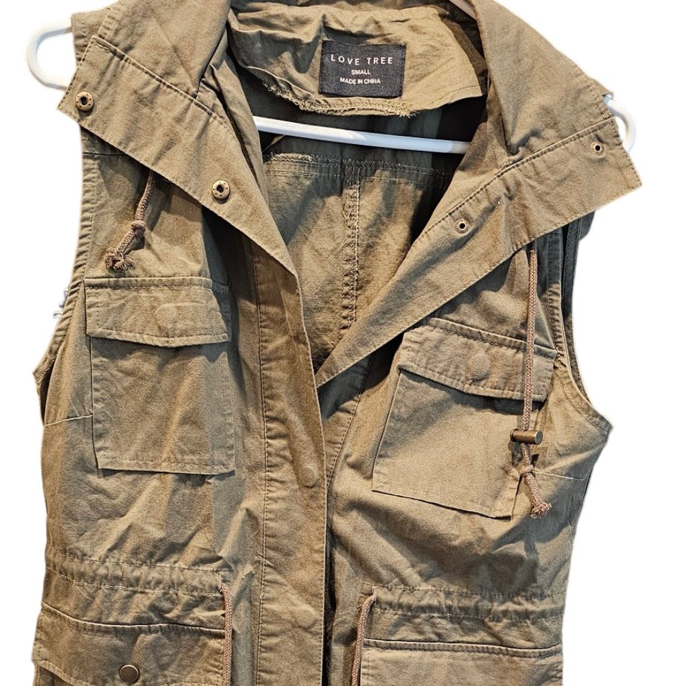 Army Green Jeans Jacket vest with hood, synches size small